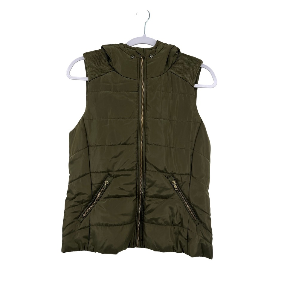 Daytrip Womens Puffer Vest Olive‎ Green Hooded Knit Back Quilted Small Buckle